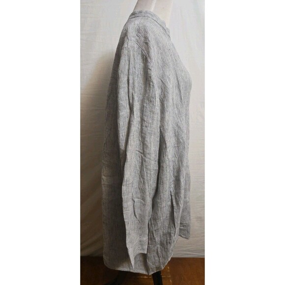 Eileen Fisher Size XL Shirt Crinkled Organic Linen Stripe Mandarin Collar Long - Picture 2 of 6